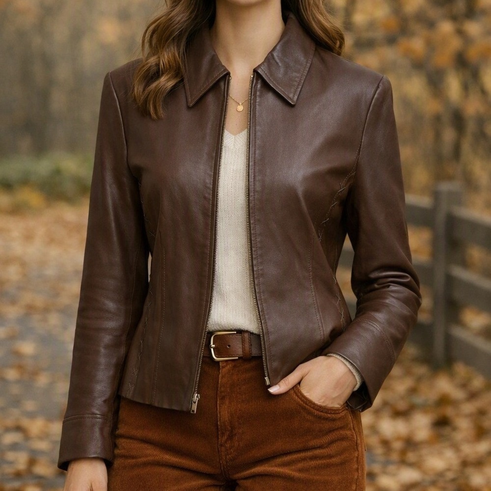 Lucky Leather Jacket Brown Genuine Leather Zip Up Tailored Vtg Moto Classic L
